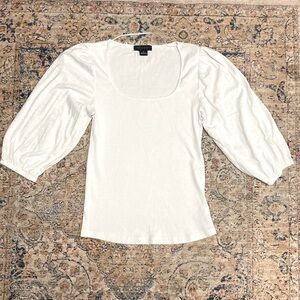 Sanctuary White Ribbed Square Neck Gathered Sleaved White Top
